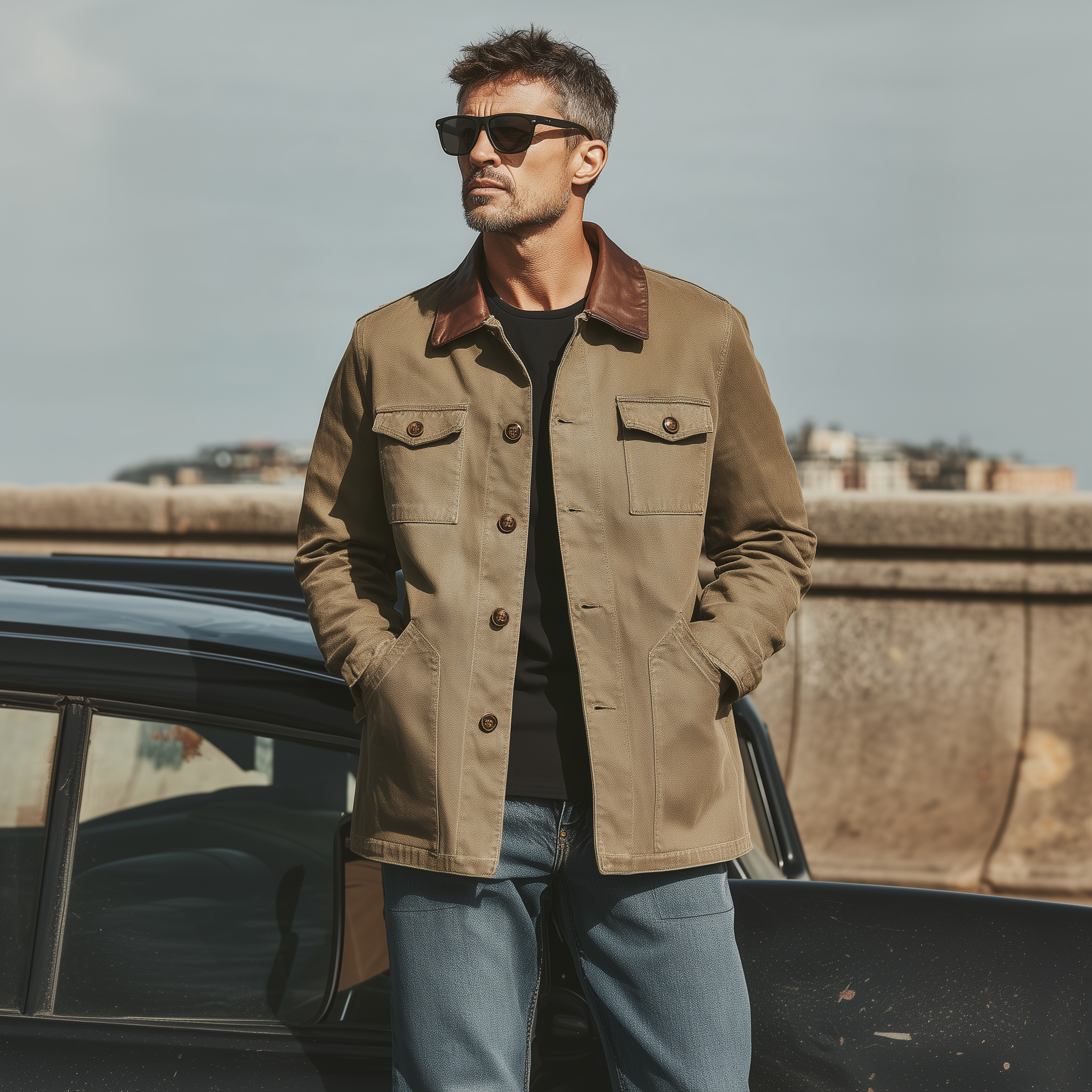 Men's Classic Casual PU Leather Collar Multi-pocket Cotton Blend Jacket MTA2091L0K