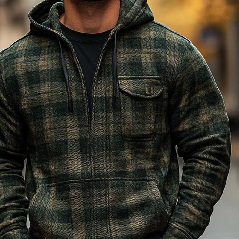 Men's Check Print Zip-Up Hooded Jacket MTA1658H0X