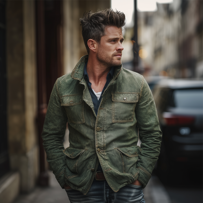 Men's Vintage Multi-Pocket Single-Breasted Lapel Denim Jacket MTA1396H7X