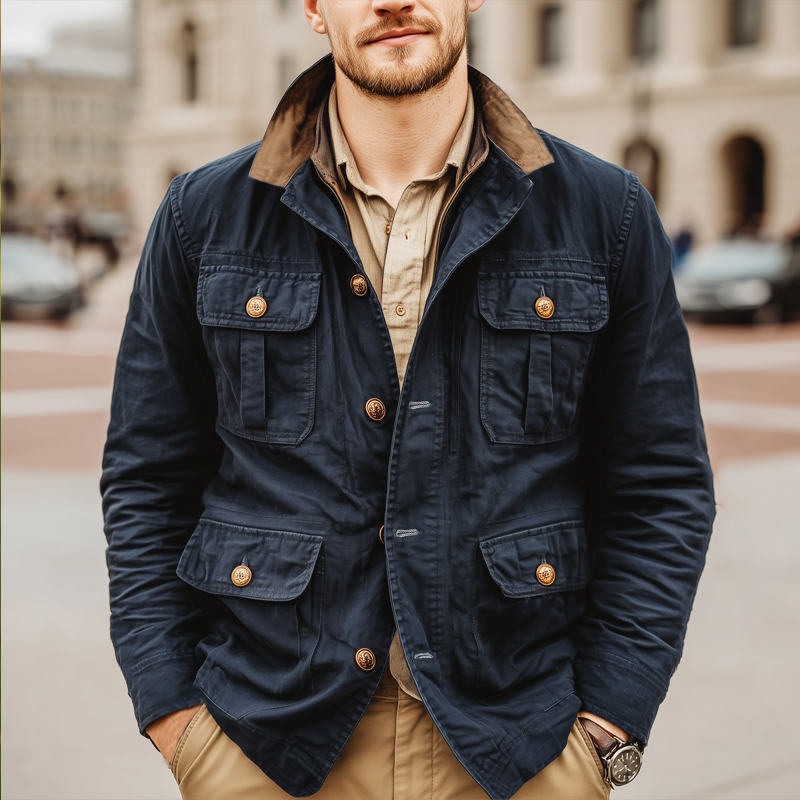 Men's Classic Navy Colorblock Collar Button-Down Jacket MTA2650I6U