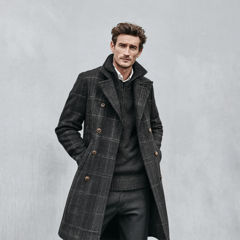 Men's Faux Wool Check Lapel Double Breasted Mid-length Coat MTA1066I6Z