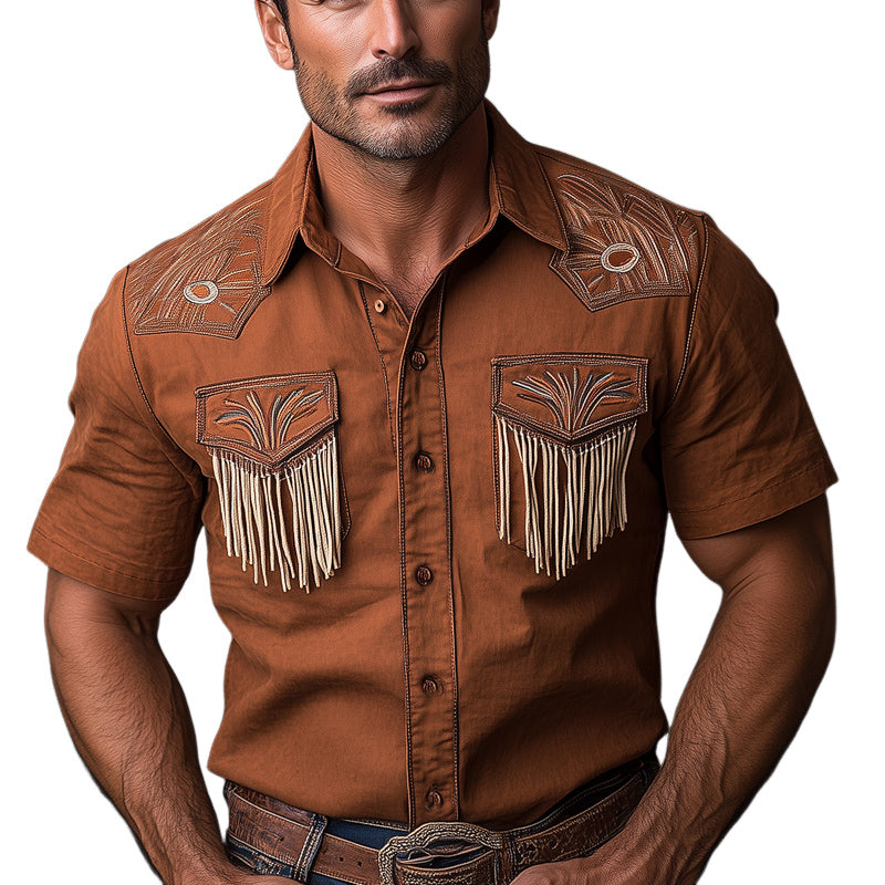 Men's Western Cowboy Style Vintage Embroidered Tassel Short Sleeve Shirt MTA0887E4U
