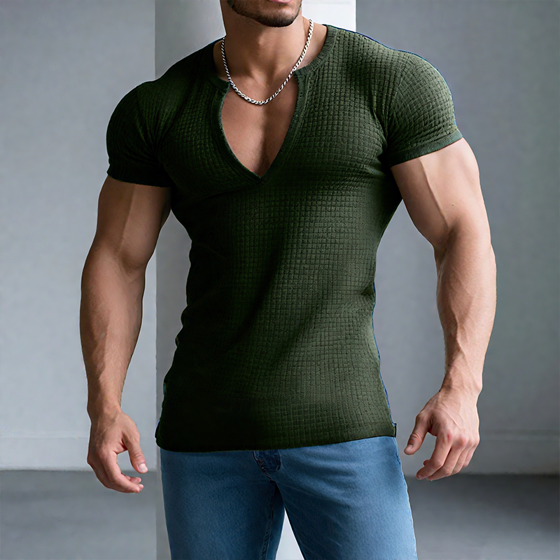 Men's Retro Casual Solid Color Waffle V-Neck Short Sleeve T-Shirt MTA1965G2TO