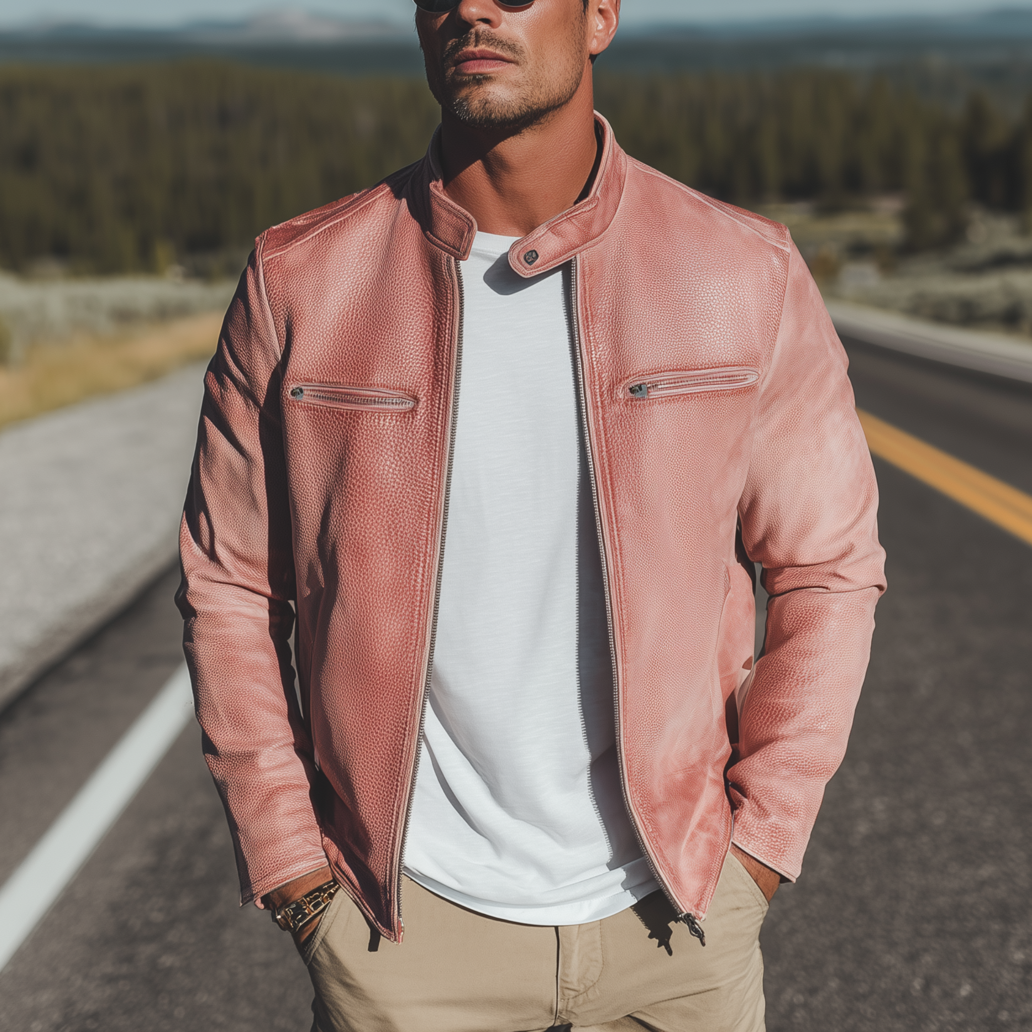 Men's Classic Casual Western Style Stand Collar Pink Textured PU Leather Zipper Jacket MTA1519H2K