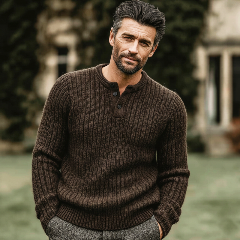 Men's Vintage Brown Three-button Henley Neck Striped Knitted Sweater MTA0844L1U