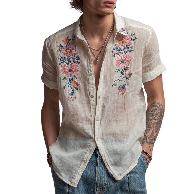 Men's Flora Embroidered Lapel Short Sleeve Cotton And Linen Shirt MTA3111G4Z