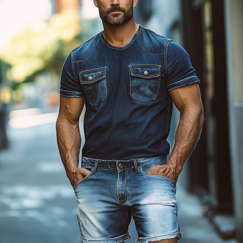Men's Summer Retro Round Neck Double Pocket Denim Short Sleeve T-Shirt MTA2401F4U