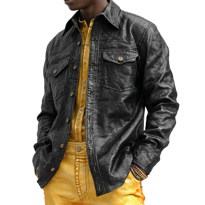 Men's Retro Casual Leather Pleated Lapel Long Sleeve Shirt MTA0458H1TO