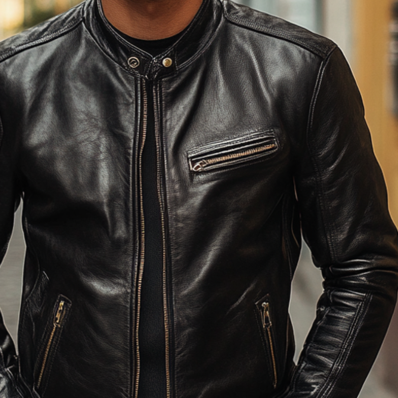 Men's Solid Color Stand Collar Zipper PU Leather Jacket MTA2660I8X