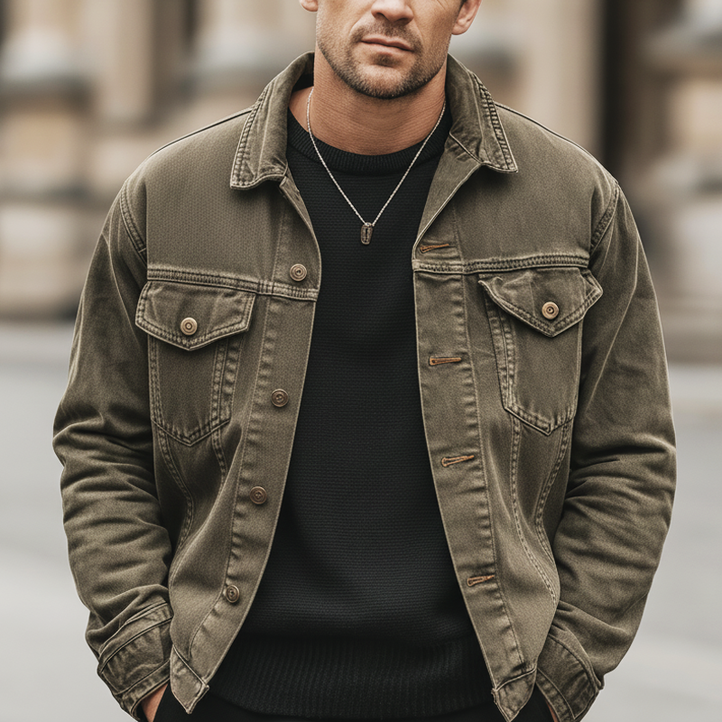 Men's  Urban Classic Distressed Army Green Denim Jacket MTA1808L3U