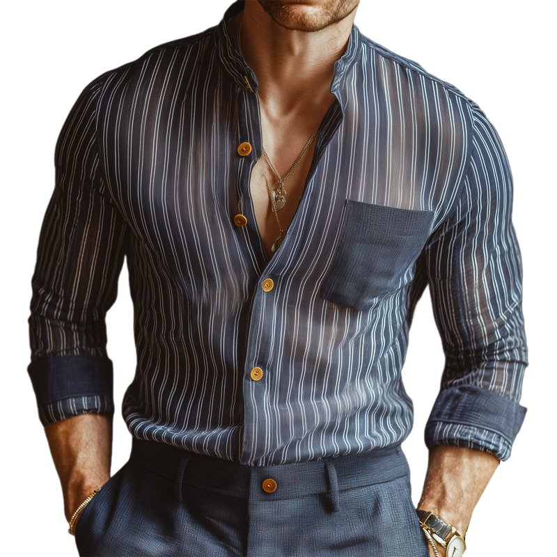 Men's Business Chiffon Striped Stand Collar Long Sleeve Shirt MTA0289H8U