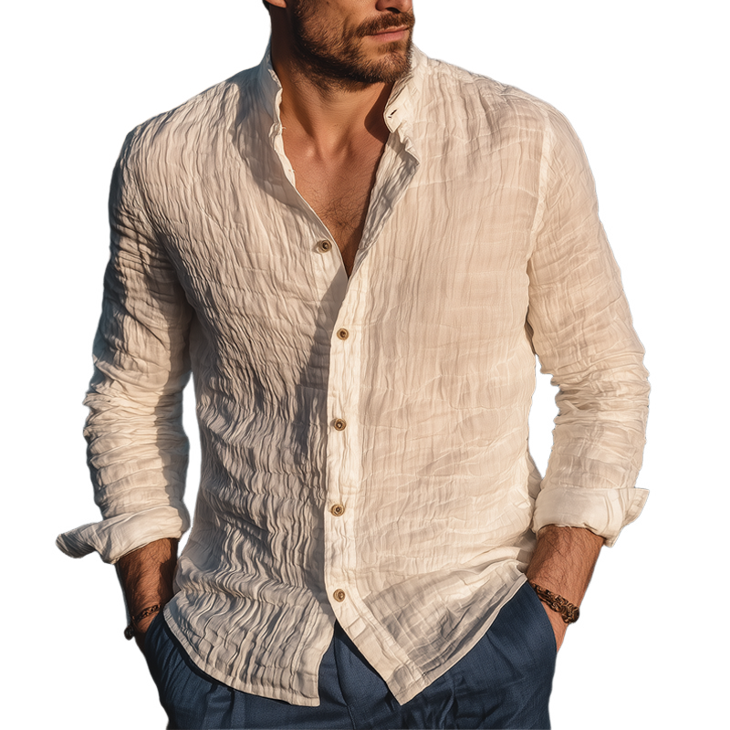 Men's Lightweight Crinkled Ripple Chiffon Stand Collar Long Sleeve Shirt MTA1653G4Z