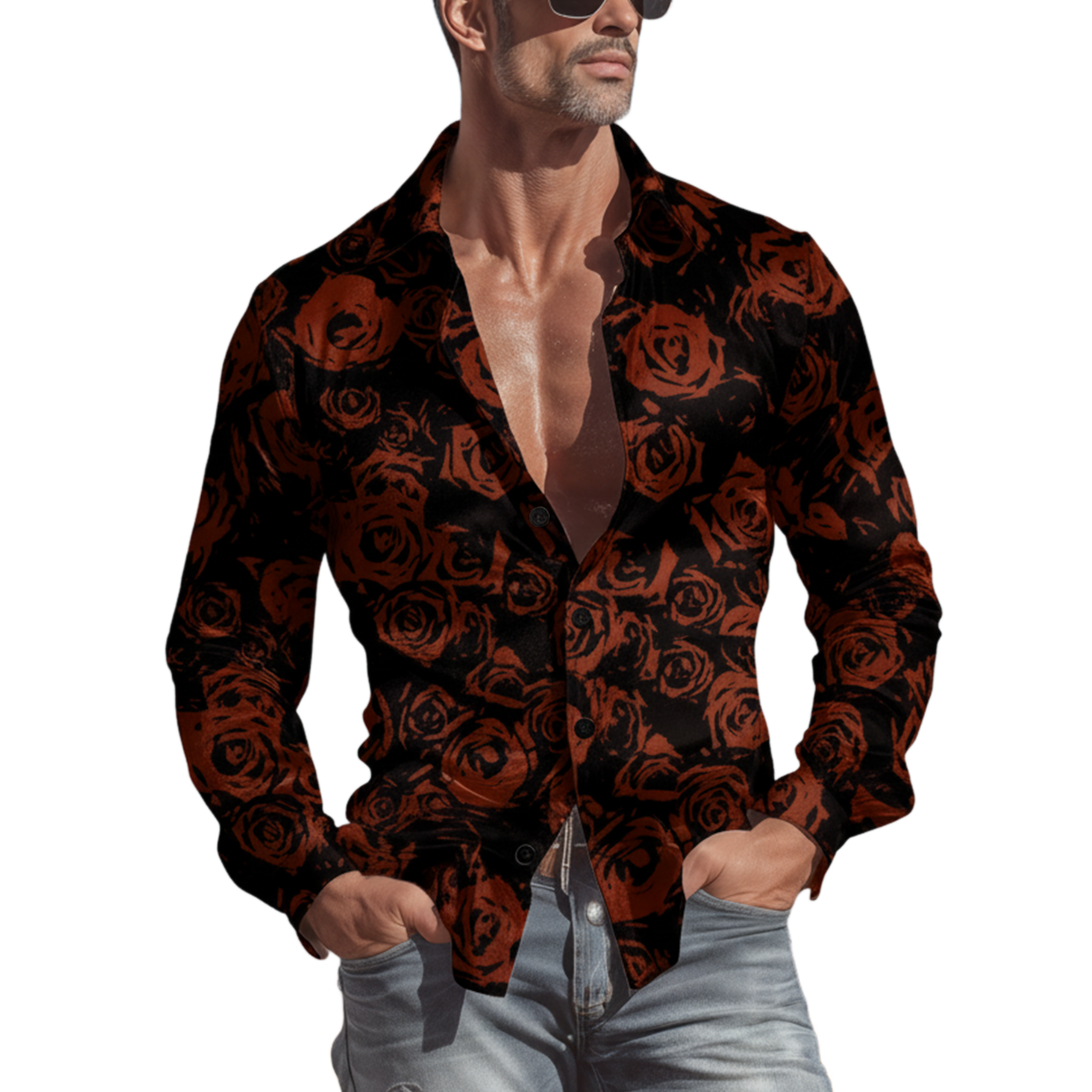 Men's Classic Vintage Rose Print Satin Long-sleeved Shirt MTA2284L4K