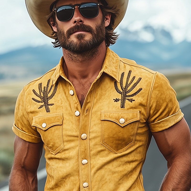 Men's Spring And Summer Fashion Western Tough Style Thin Suede Shoulder Embroidery Slim Short-sleeved Pearl Snap Shirt  MTA1215F7K