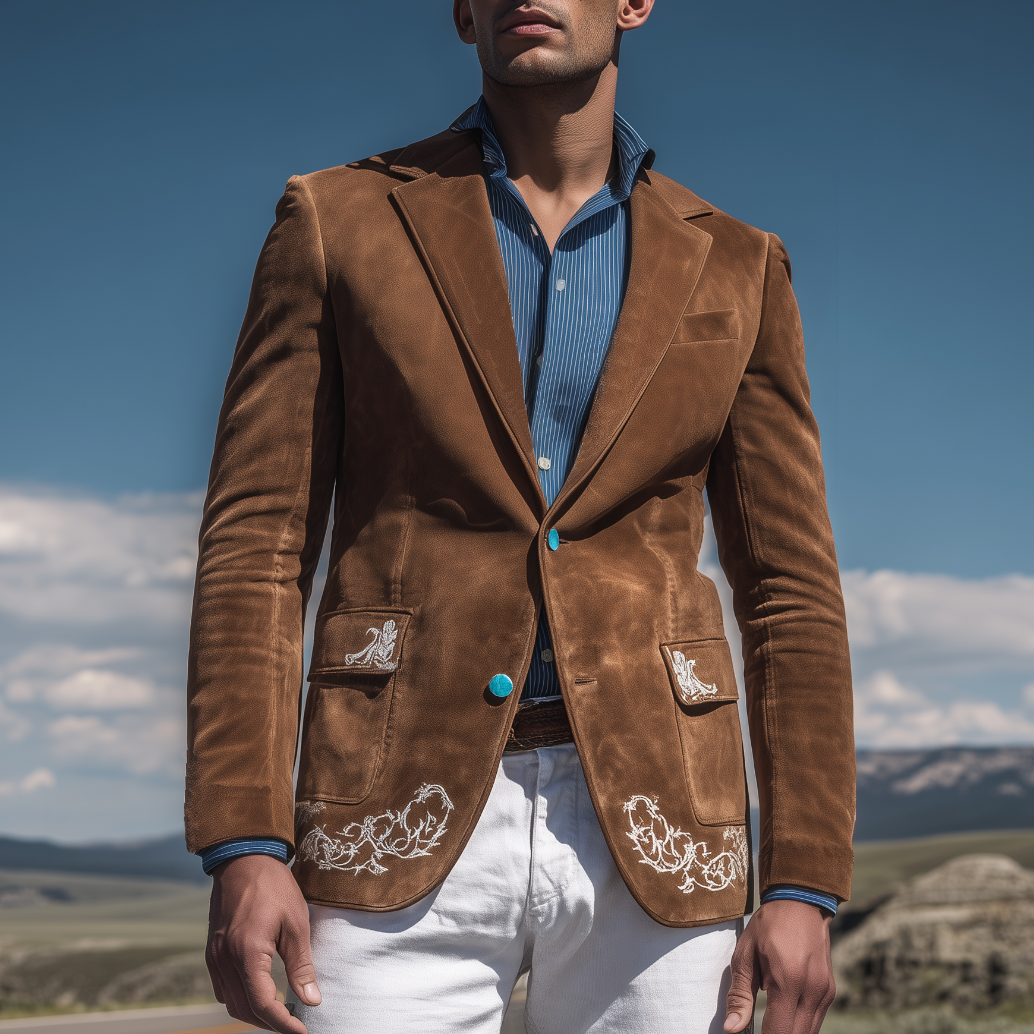 Men's Classic American Retro Western Embroidered Suede Single-breasted Blazer MTA1917H8K
