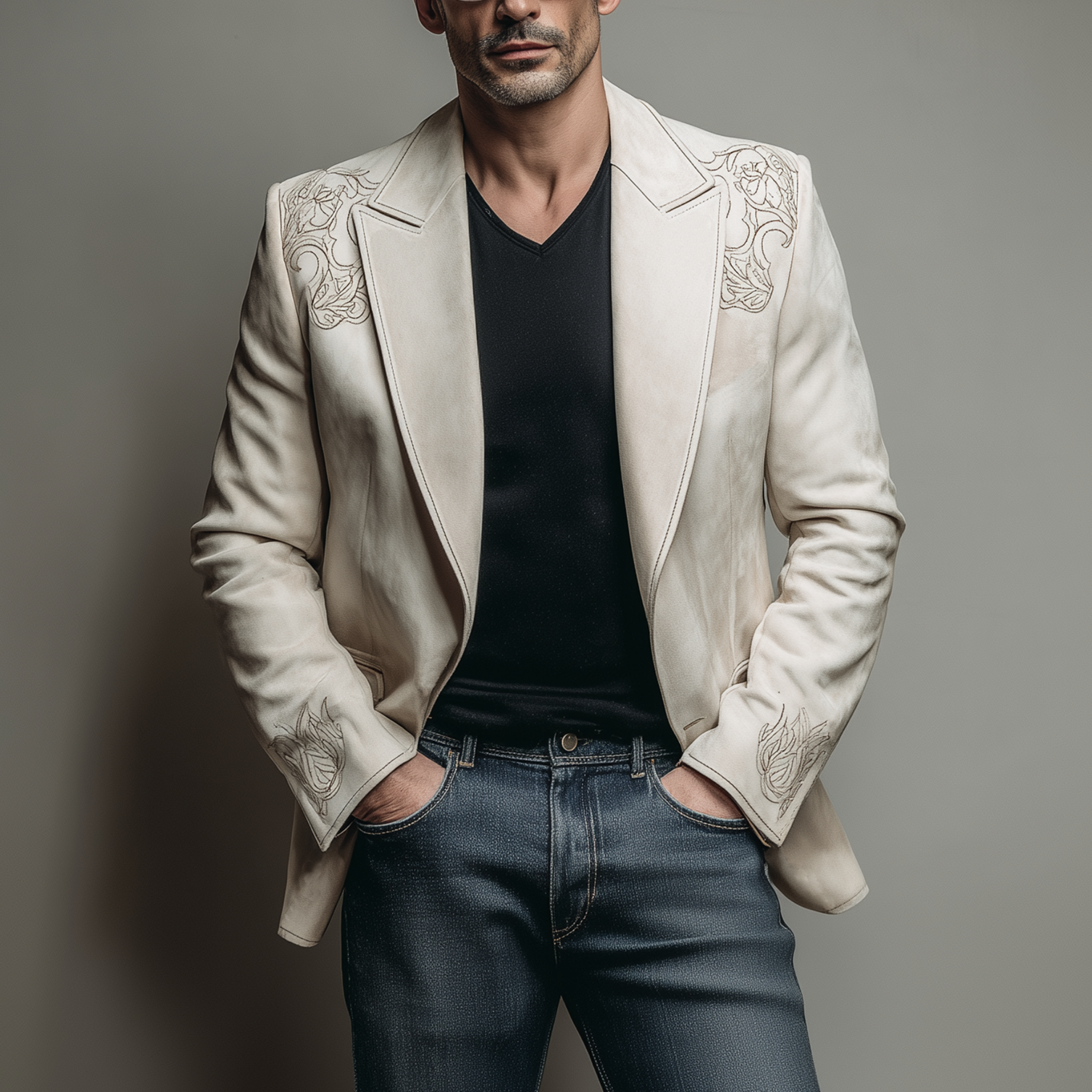 Men's Classic Retro Western Style Single-breasted Suede Embroidered Slim-fit Blazer MTA2103H8K