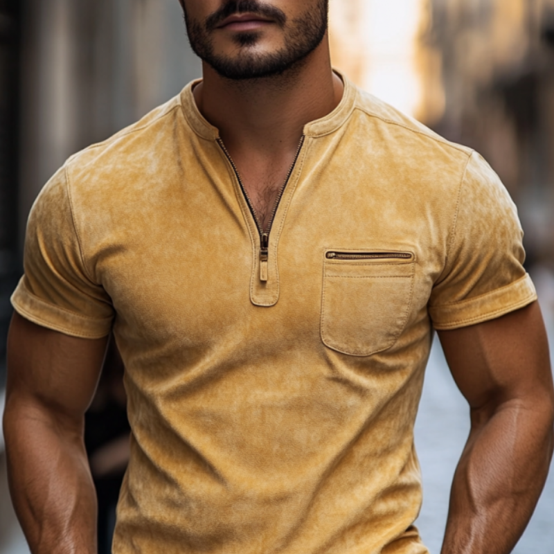 Men's Classic Casual Slim Fit V-Neck Zipper Pocket Suede Short Sleeve T-Shirt 29951507K