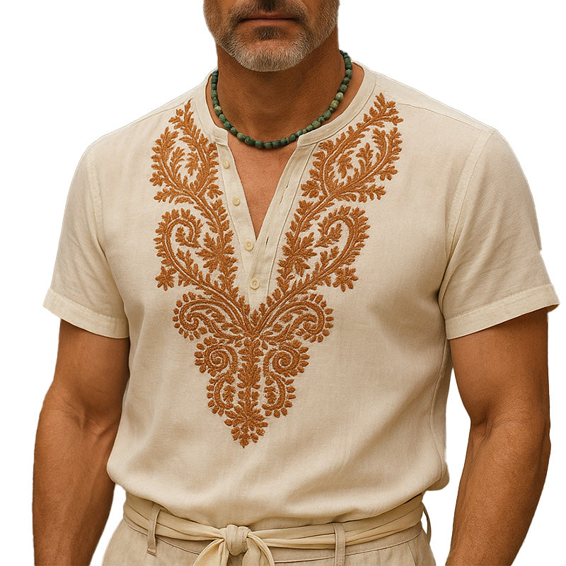 Men's Summer Western Cowboy Style Embroidered Thin Linen Short-Sleeved T-Shirt MTA2392E1P