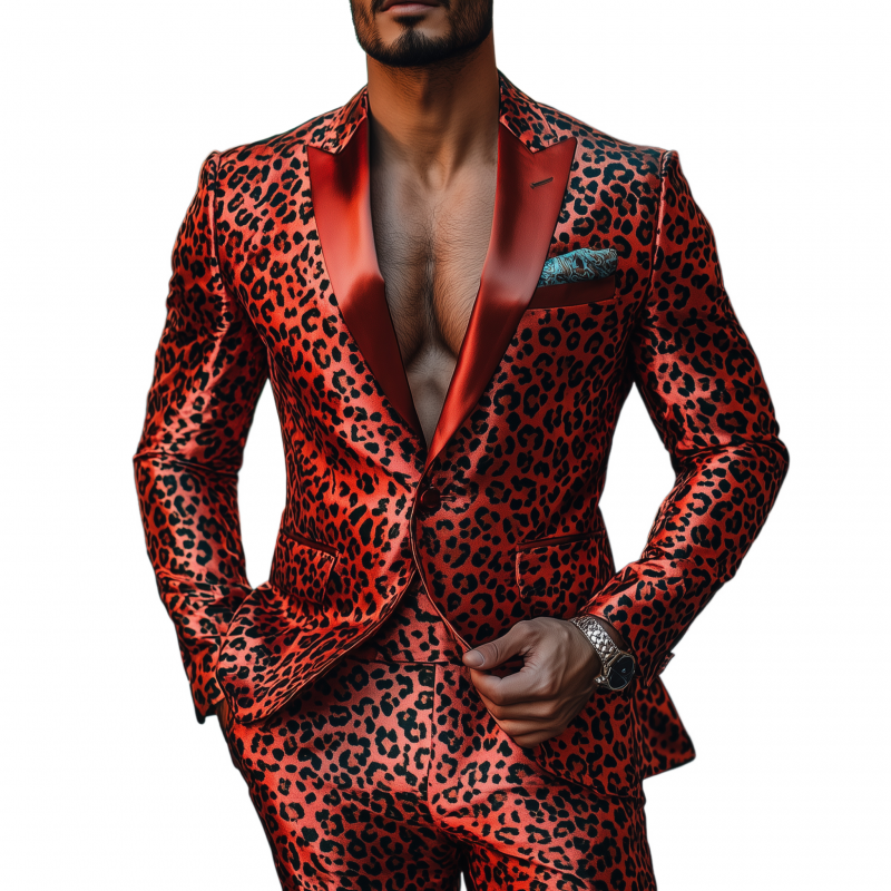 Men's Stylish Colorblock Leopard Print Satin Patchwork Shawl Collar Single-breasted Slim-fit Blazer MTA2911G7M