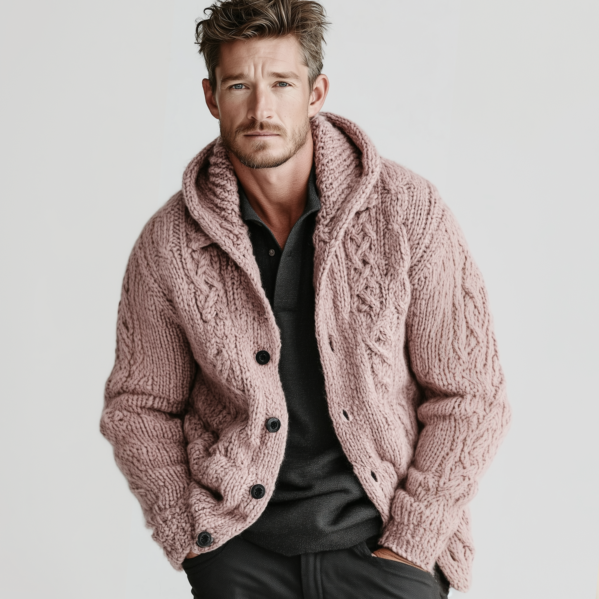 Men's Classic Casual Hooded Single-breasted Pink Jacquard Knit Cardigan MTA1912I8K