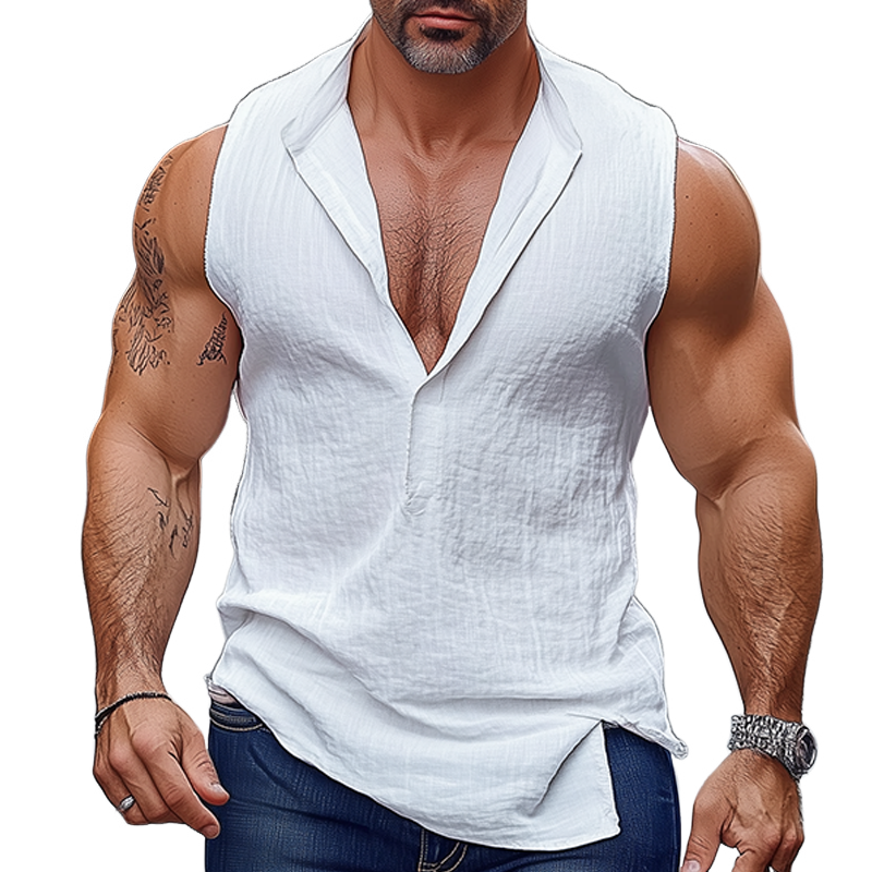 Men's Retro Casual Solid Color Linen V-Neck Tank Top MTA0121G1TO