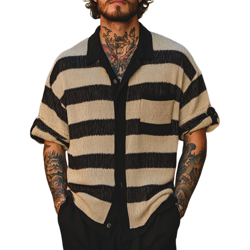 Men's Striped Knitted Three-Quarter Sleeve Shirt MTA2025F7X