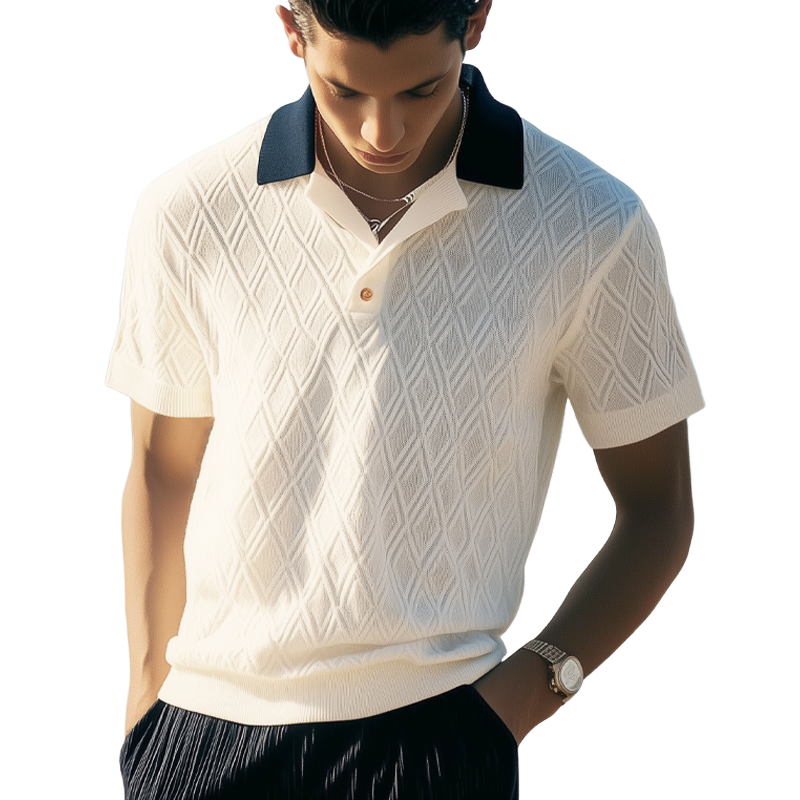 Men's Summer Diamond Jacquard Knitted Polo Neck T-Shirt MTA3099F0U