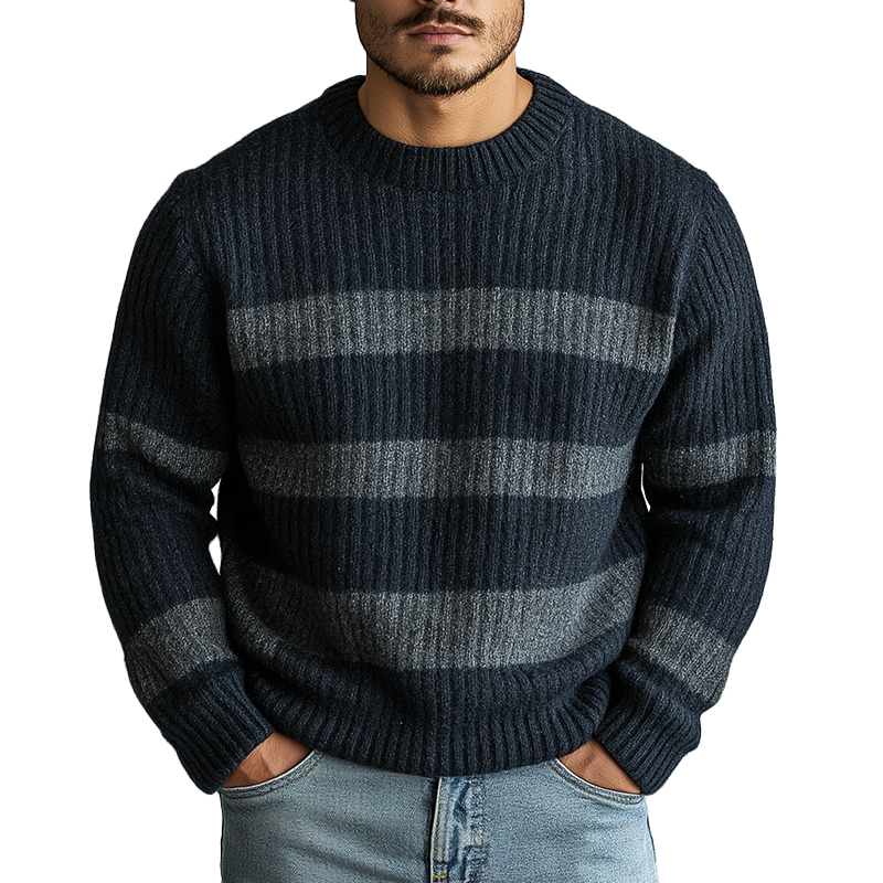Men's Winter Retro Striped Cotton Yarn Knit Crew Neck Sweater MTA1444K4P