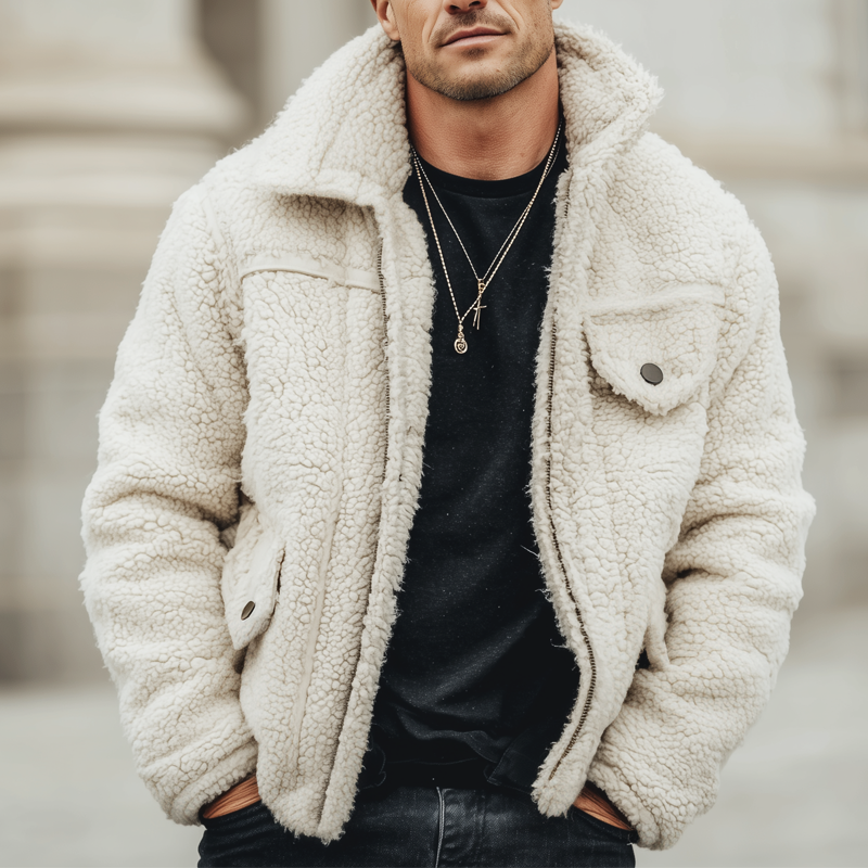 Men's Urban White Warm Fleece Zip-Up Jacket MTA1340K3U