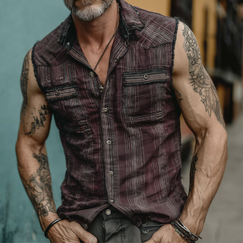 Men's Vintage Check Multi-Pocket Lapel Vest MTA0377G5X