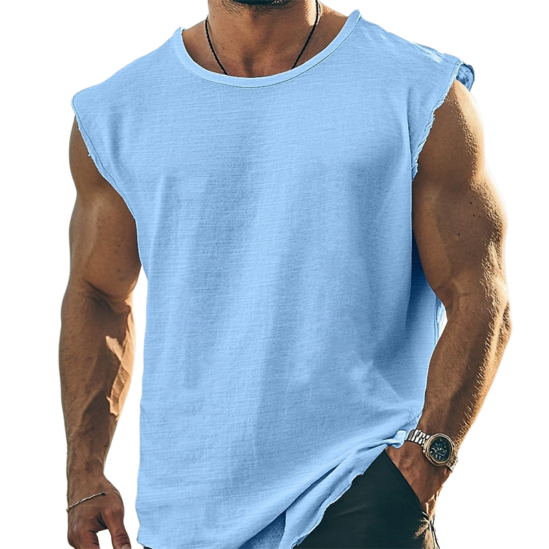 Men's Solid Color Round Neck Cotton Blend Sleeveless T-Shirt MTA2112G0X