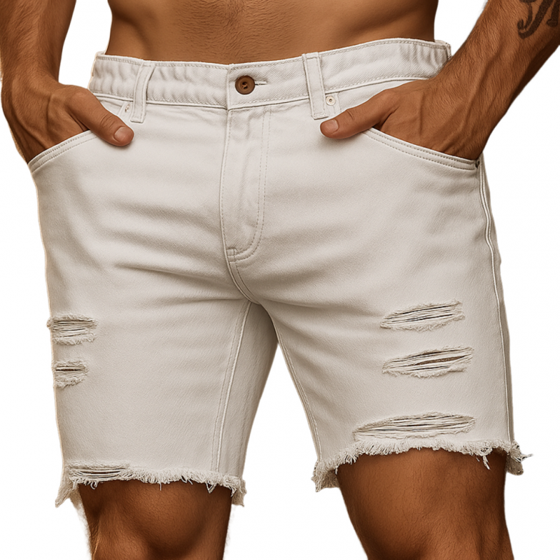 Men's Fashion Washed Ripped Solid Color Slim Fit Denim Shorts MTA1629F0M