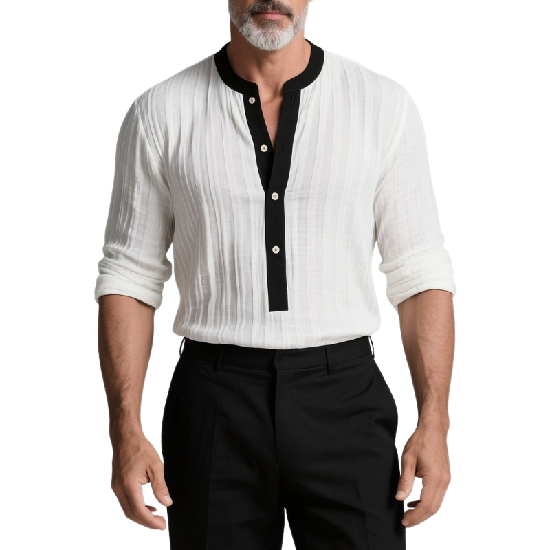 Men's Colorblock Henley Collar Textured Fabric Long Sleeve Shirt MTA0185G8Y