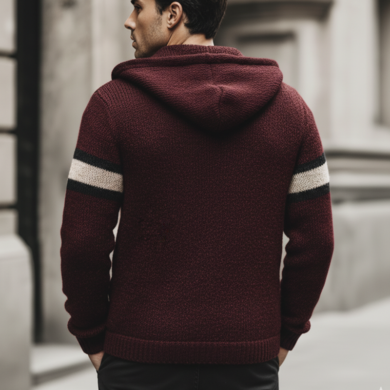 Men's Urban Casual Dark Red Hooded Knitted Zip-up Cardigan MTA0800L4U