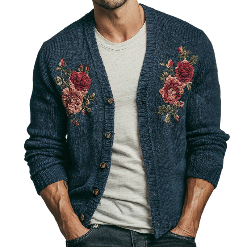Men's Retro Casual Knitted Floral Embroidered Button Cardigan MTA2838K2TO