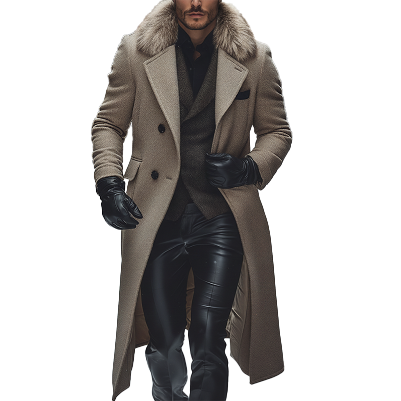 Men's Winter Retro Faux Wool Faux Fur Collar Button Long Coat MTA2793K8P