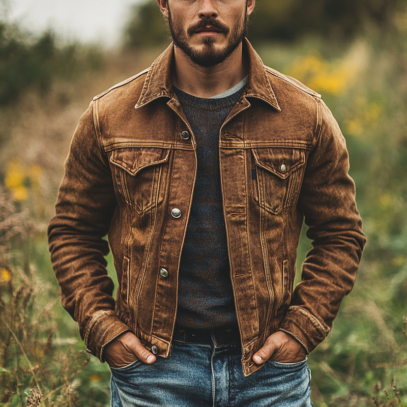 Men's Vintage Distressed Lapel Single-breasted Western Denim Jacket MTA1252I3X