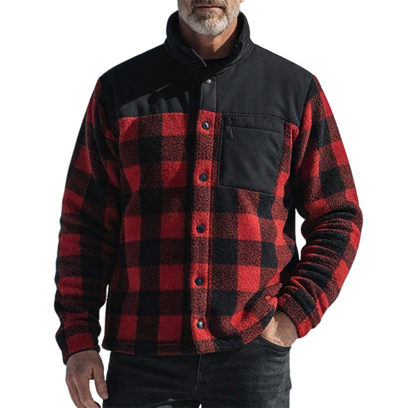 Men's Retro Casual Warm Plaid Print Plush Stand Collar Button Jacket MTA2523I2TO