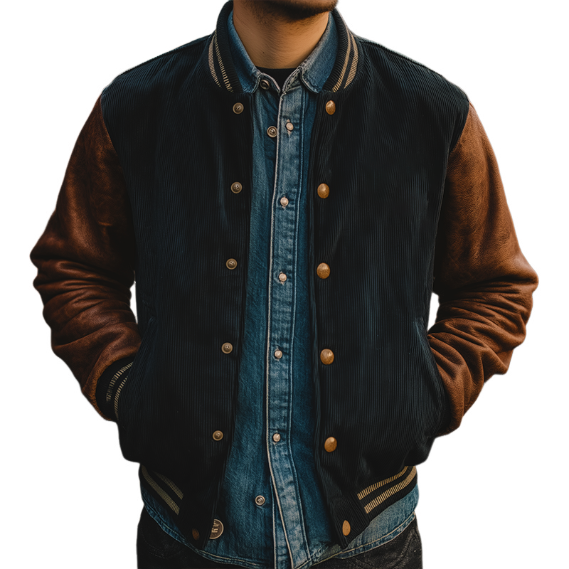 Men's Retro Casual Corduroy Leather Button Baseball Jacket MTA1176H0TO