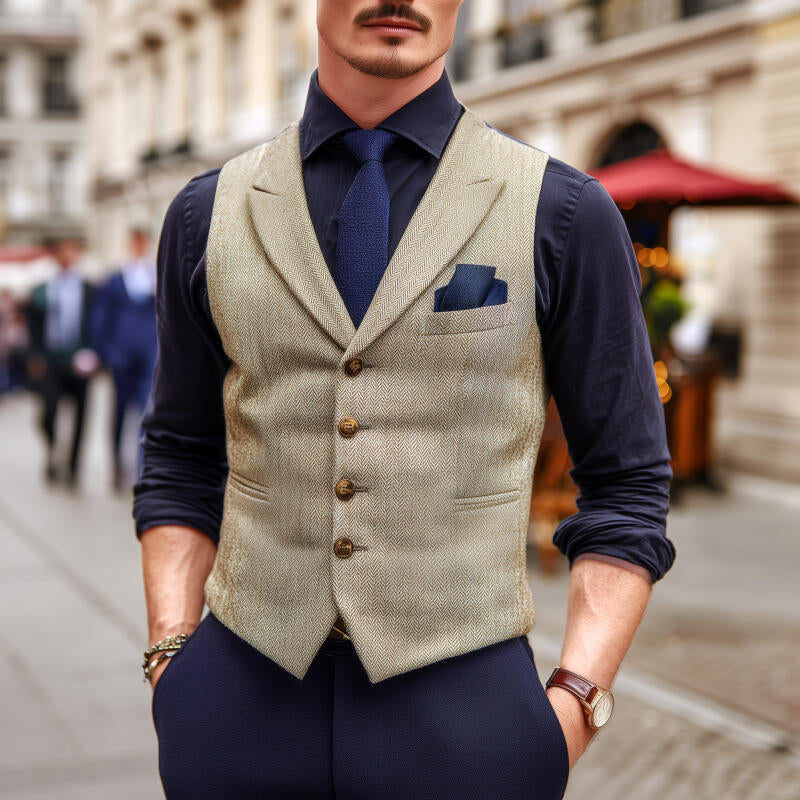 Men's Vintage Wool Blend Herringbone Lapel Single-Breasted Slim-Fit Suit Vest MTA2740H5M