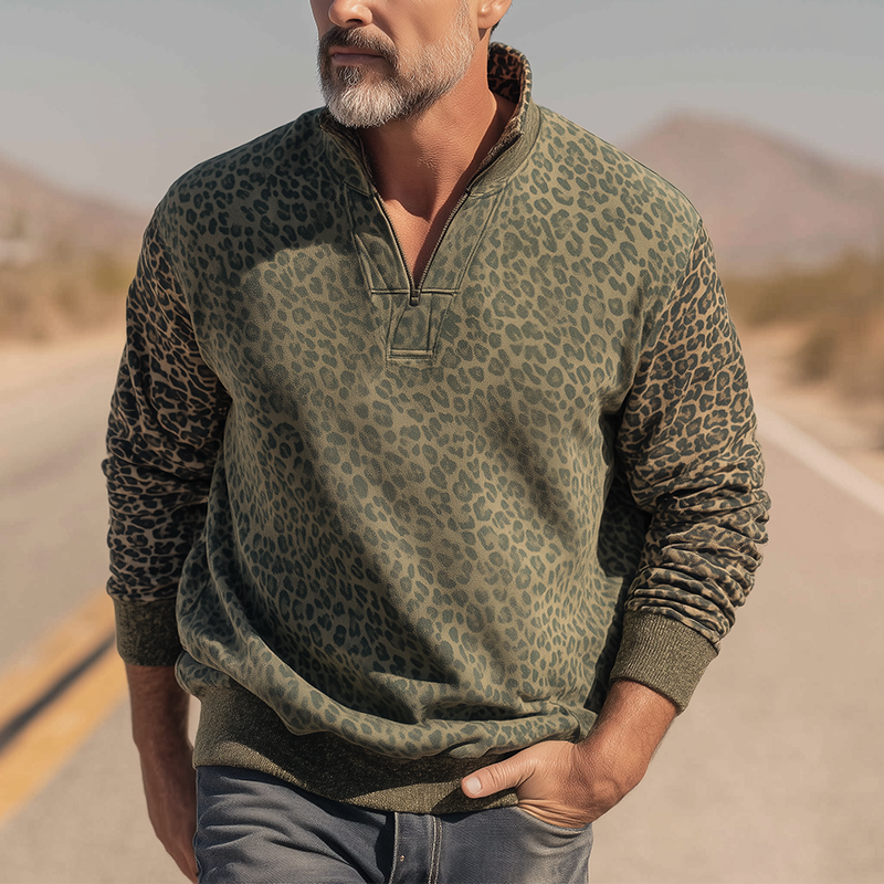 Men's Vintage Leopard Print Cotton Blend Stand Collar Sweatshirt MTA1435H1P