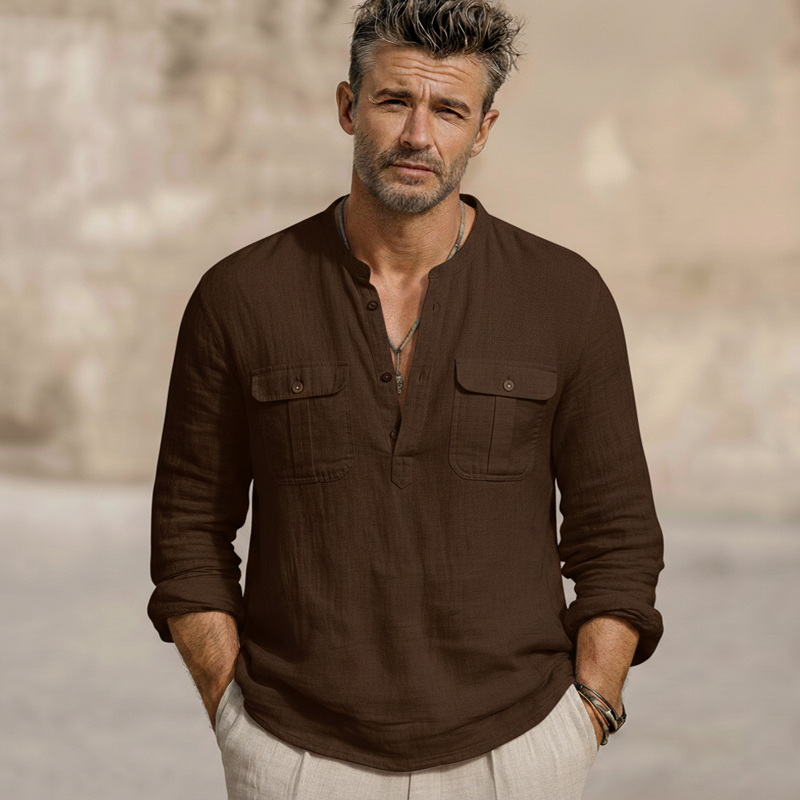 Men's Classic Brown Cotton Linen Long-Sleeve T-Shirt MTZ1015B2U