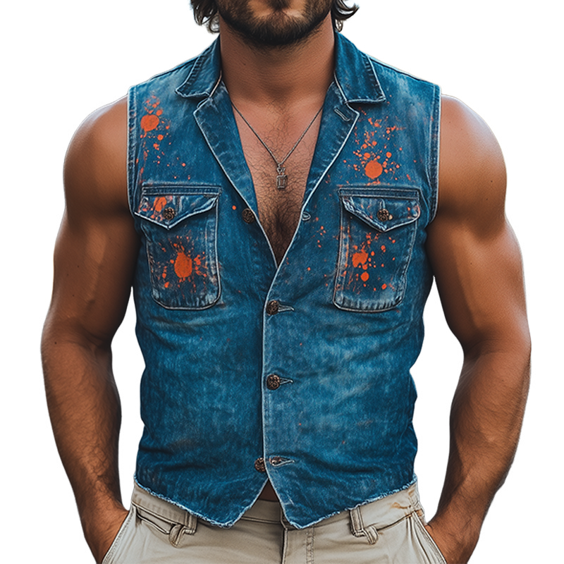 Herremote, uformell, vasket denim, personlig blekksprut, slank vest med V-hals MTA2426F5K