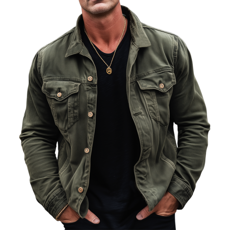 Men's Vintage Distressed Army Green Button-down Lapel Jacket MTA1854H3U