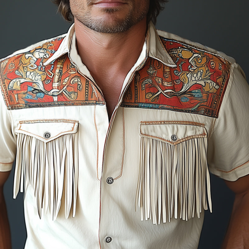 Men's Summer Western Cowboy Style Tassel Short Sleeve Shirt MTA0737E4U