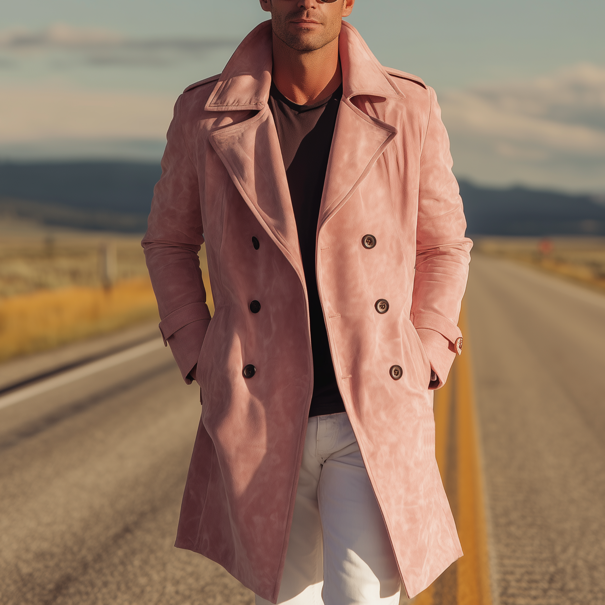 Men's Classic American Retro Western Pink Suede Double-Breasted Coat MTA1902H5K