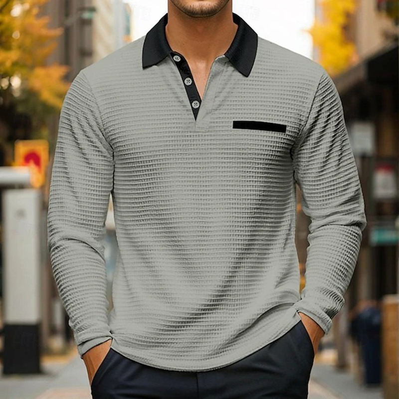 Men's Contrasting Waffle Texture Long-sleeved POLO Shirt MTA1323H3X