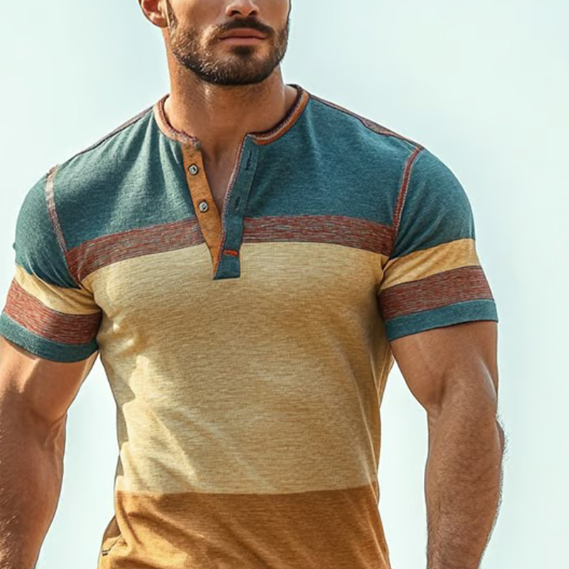 Men's Stripe Print Henley Neck Short Sleeve T-Shirt MTA2339F5X
