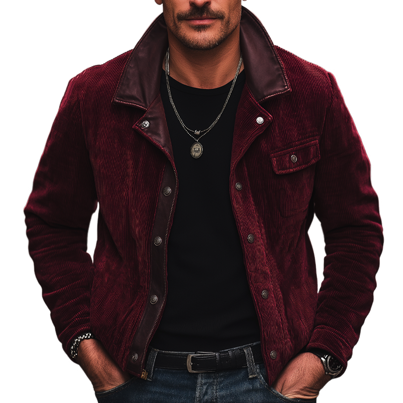 Men's Retro Dark Red Corduroy And PU Leather Snap-Button Jacket MTA1384K8U