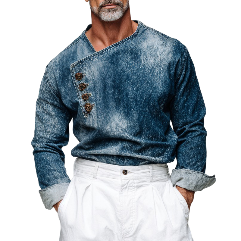 Men's Retro Casual Denim Distressed Pullover Long Sleeve Shirt MTA2652H6TO